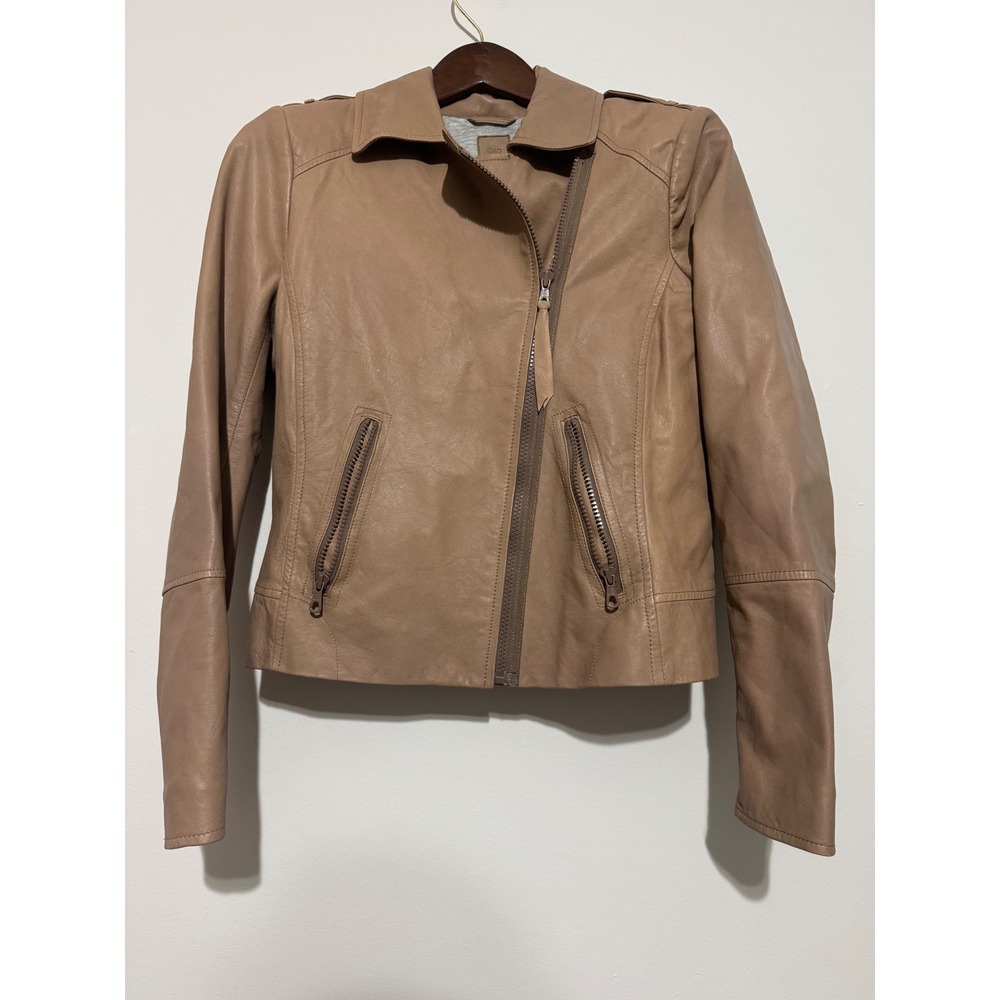 Gap Womens Tan Brown Genuine Leather Moto Biker Jacket Size S Asymmetrical Zip